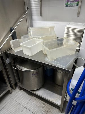 a kitchen with a lot of dishes and containers on the counter