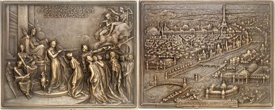 two metal plaques depicting a scene of a city and a man on a horse