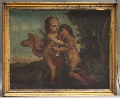 un vieux tableau représentant une femme tenant un enfant à cheval