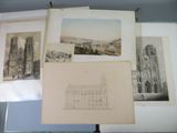 many pictures of a building on the wall in this room