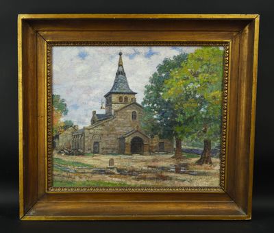 une peinture à l'huile représentant une église surmontée d'un clocher