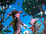 a painting of a pig and a pig in a field
