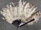 a black and white umbrella with feathers on the floor