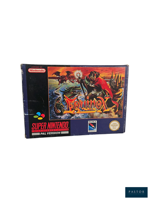 une vieille boîte de jeu Nintendo Super Nintendo posée sur une surface blanche