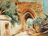 painting of an archway leading to a building with a person walking through it