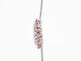 a silver necklace with pink and white stones on it