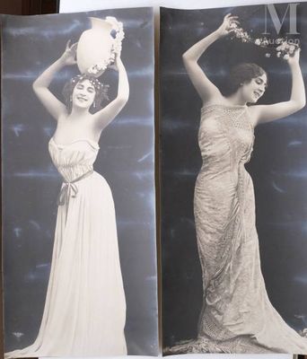 two black and white photos of a woman in a dress holding a vase