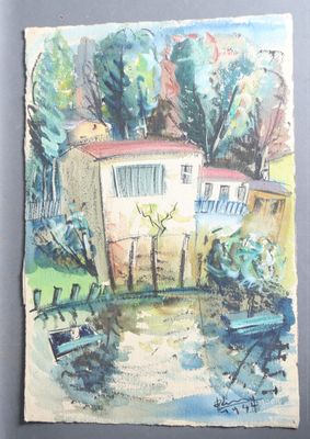 a picture of a painting of a house on the wall