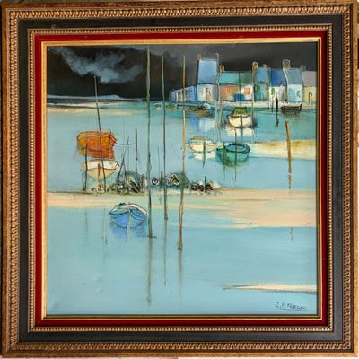 une peinture à l'huile d'une scène portuaire avec des bateaux dans l'eau