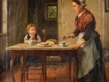 an old painting of a woman and a child at a table