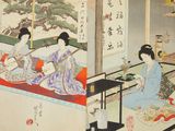 two pictures of a woman sitting on a bed in a room
