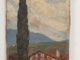 an image of a painting of a house and a tree in a field
