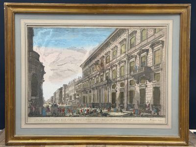 a painting of a street scene with people walking down the street