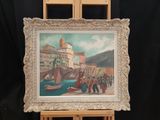 a picture of a painting on a easel with a black background