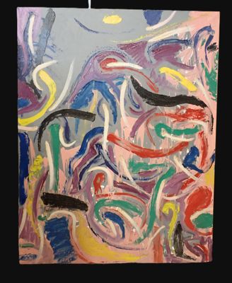 représentation d'un tableau sur fond noir, orné d'un motif rouge, jaune, bleu, vert et noir