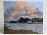un tableau représentant une grange au bord d'un lac