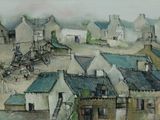 a painting of a village with a horse drawn carriage in the foreground