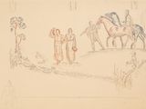 drawing of a group of people and a horse in a field