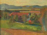 un tableau représentant un paysage avec des maisons et des arbres au premier plan