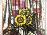 une peinture de tournesols dans un vase sur une table