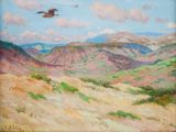 une peinture à l'huile représentant un oiseau survolant une chaîne de montagnes