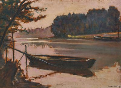 a painting of a boat on the water by the shore