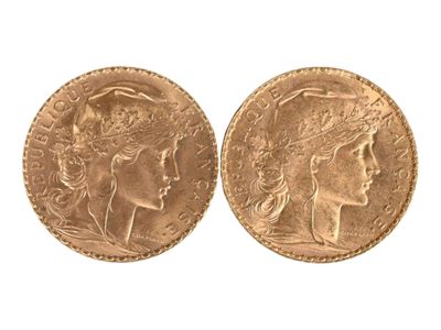 Deux pièces de vingt francs or au coq, 1910. Usures. - Photo 1
