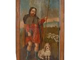 un vieux tableau représentant un homme avec un chien dans un champ