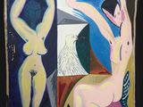 un tableau représentant une femme assise sur un tabouret à côté d'un tableau représentant un homme