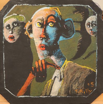 a picture of a painting of a man with a monkey on it