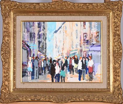 une peinture à l'huile représentant un groupe de personnes marchant dans une rue de la ville