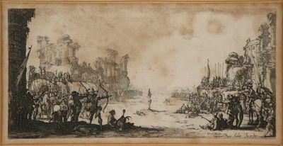an image of a drawing of a group of people on a river