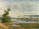 painting of a landscape with a river and trees in the foreground