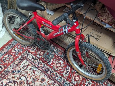 un vélo rouge posé par terre