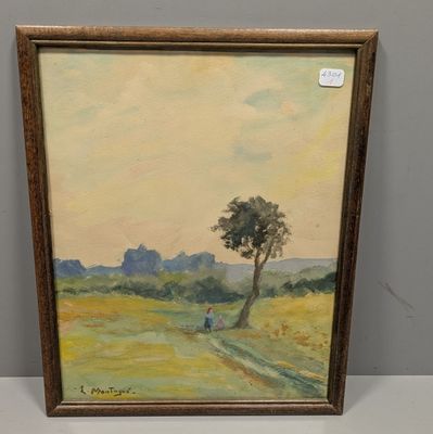 une peinture à l'huile représentant un arbre solitaire dans un champ, avec des collines en arrière-plan