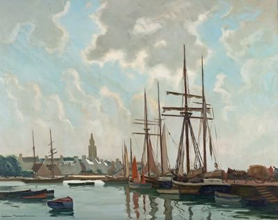 un tableau représentant des bateaux dans un port, avec un château en arrière-plan