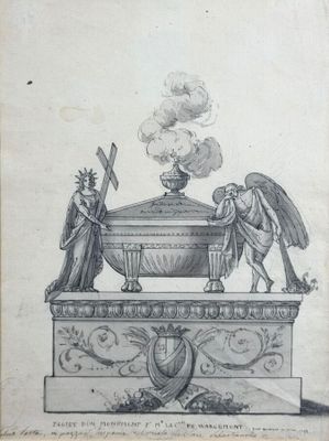 un vieux dessin représentant une statue surmontée d'anges