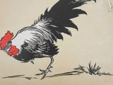 a drawing of a rooster with a red comb on it ' s head
