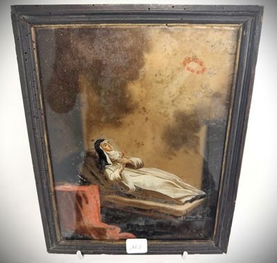 an old painting of a woman laying on a bed in a room