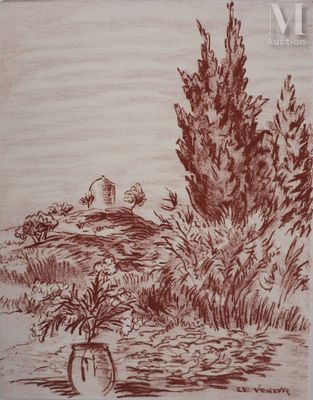 dessin représentant un paysage avec des arbres et une maison au loin