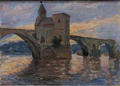 peinture représentant un tableau d'un pont enjambant une rivière, avec un château en arrière-plan