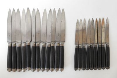 several knives are lined up next to each other on a white surface