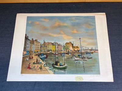 une photo d'un tableau représentant une scène de port
