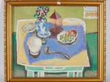 a painting of a table with a bowl of food on it
