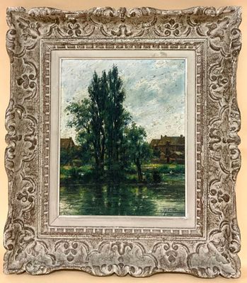 une peinture à l'huile représentant une scène fluviale avec un arbre au premier plan