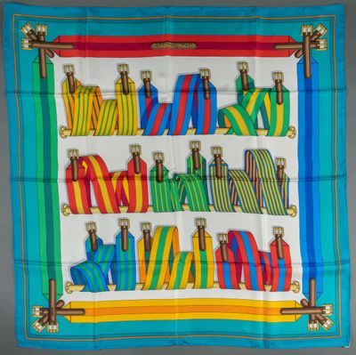 a multicolored scarf with a picture of a train on it