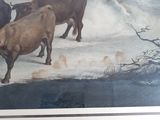 painting of a herd of cattle in a snowy landscape with a tree