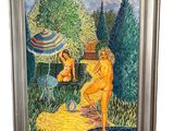 tableau représentant deux femmes assises sur un banc dans un jardin