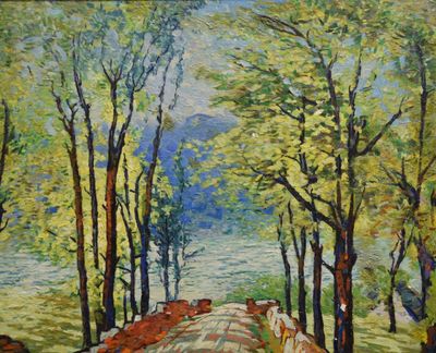 painting of a painting of a road with trees on both sides and a person on the other side of the road