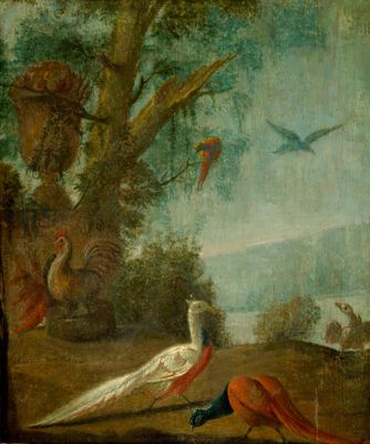 une image représentant un tableau où figurent un paon et un oiseau dans un paysage
